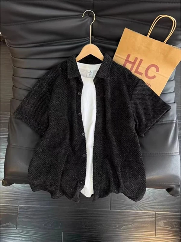 

Tianxing Men's Bla Stripe ort Sve irt Summer High Sensation Seven Sve Small Fraance Sle Snow Niel irt Coat