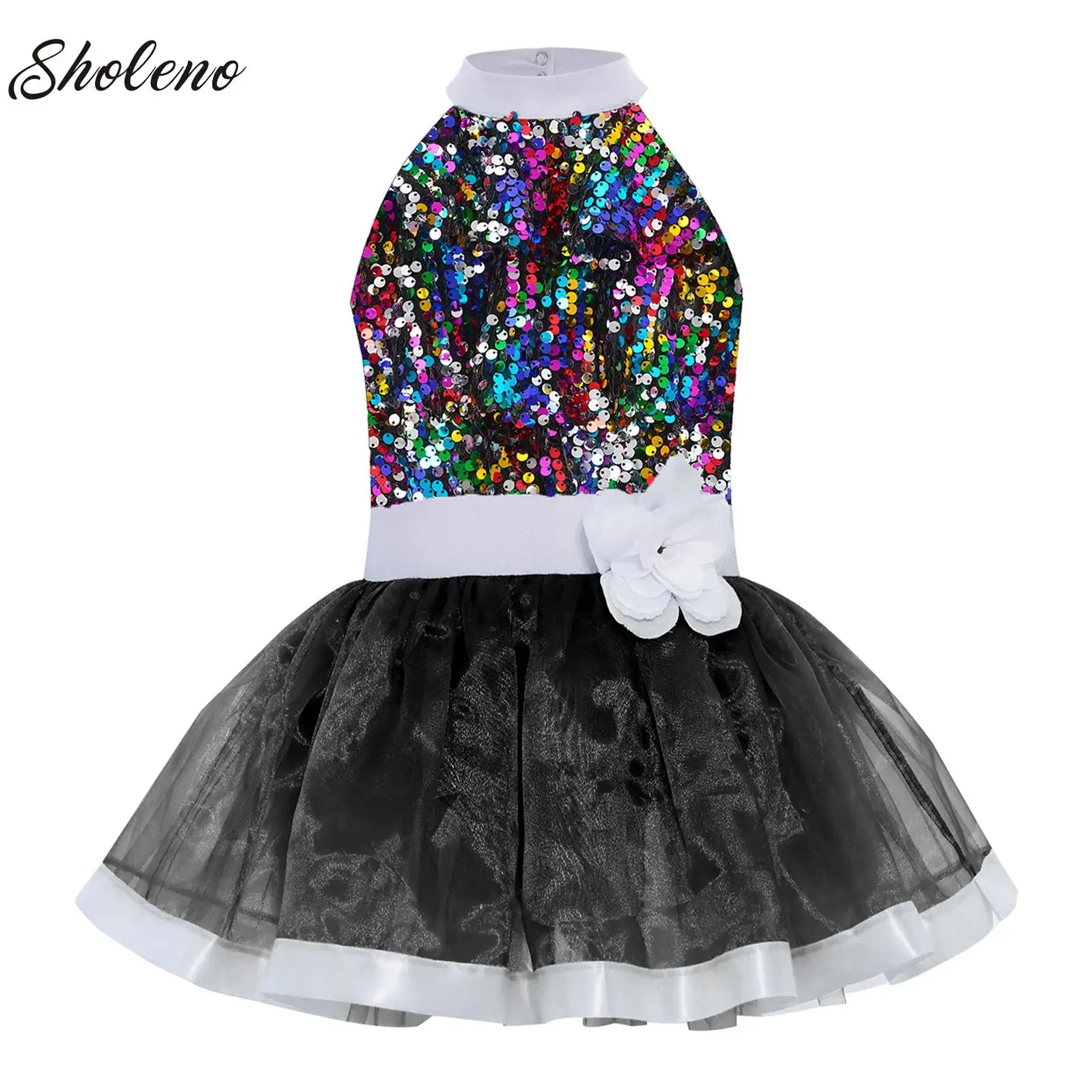 

Kids Girls Sequins Ballet Dance Tutu Dress Shiny Modern Latin Jazz Dance Stage Performance Skirted Leotard Costume Dancewear