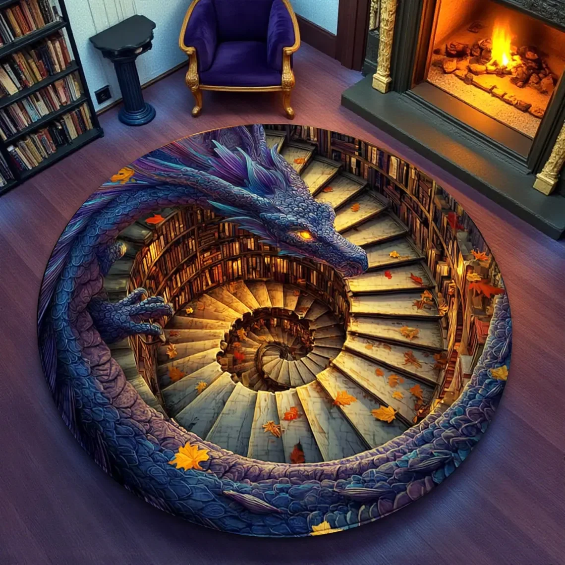 

Круглый ковер Dragon & Book, домашний декор с мифическим драконом, напольный коврик для волшебной библиотеки, уникальный подарок для любителей драконов