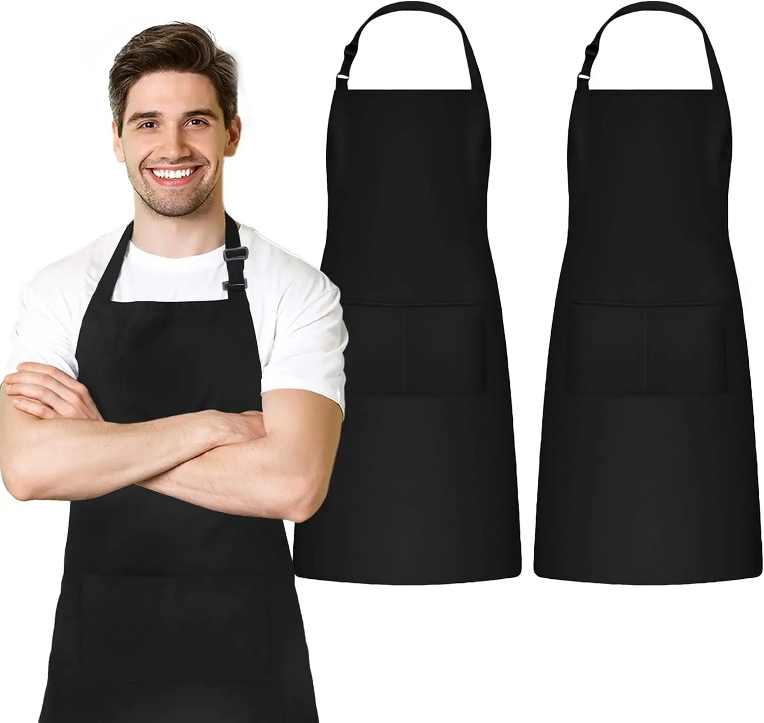 

Adjustable Bib Apron 100% Polyester Kitchen Aprons Waterdrop Resistant with Adjustable Strap, Pockets & Long Ties