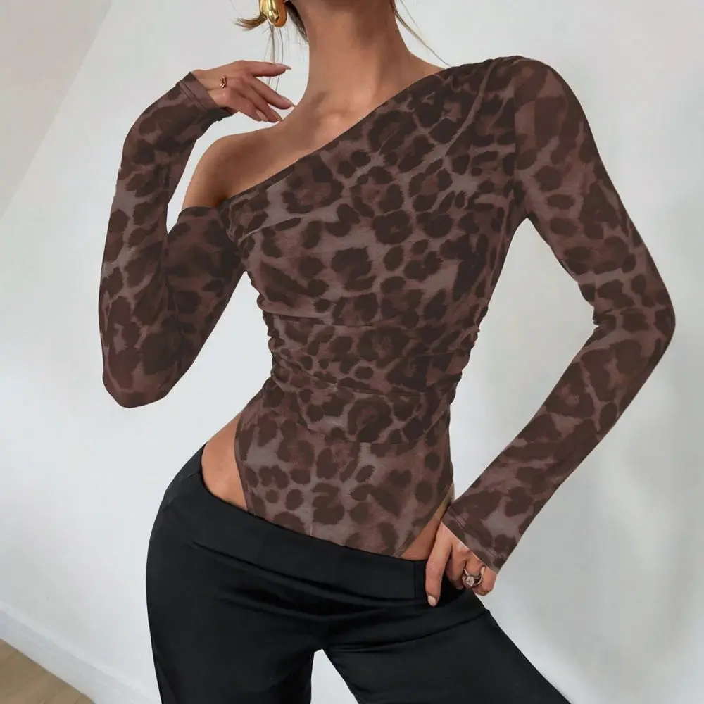 Women Leopard Print Romper Sexy Off The Shoulder Long Sleeve Bodysuit Slim Elegant Jumpsuit Fashion Clubwear Bodycon Top