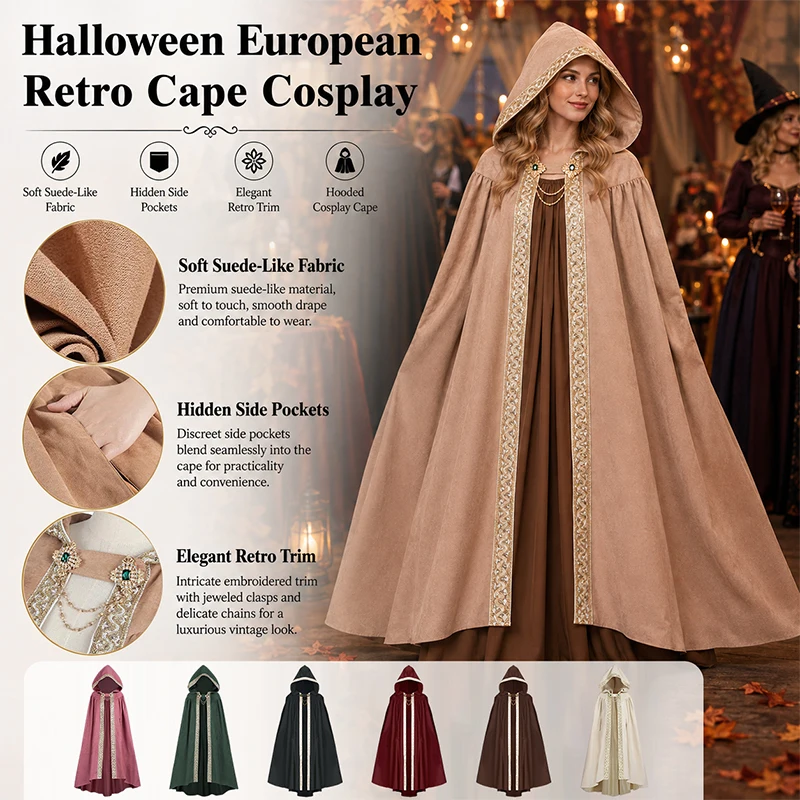 Halloween Retro Pastoral Ribbon Edge Hooded Cloak Medieval Renaissance Lace Cloak Anime Costume Carnival Party Cosplay Jacket