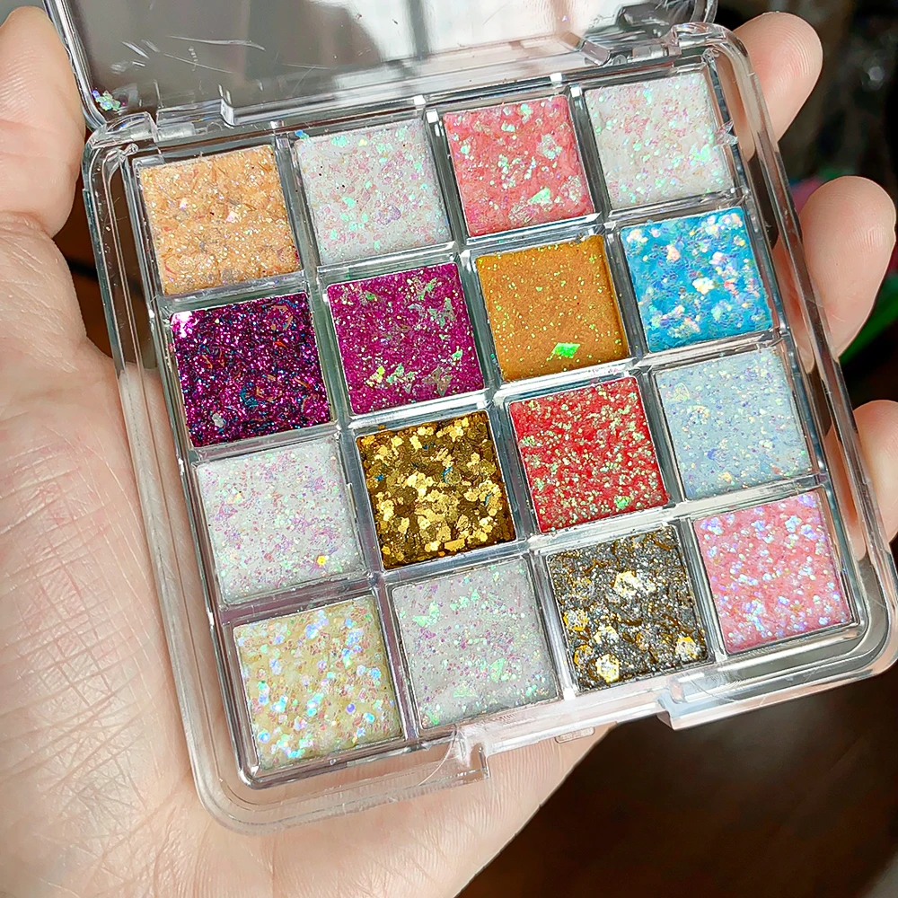 16 ألوان كاملة الترتر مسمار الفن بريق ظلال العيون لوحة تمييز رقائق حساسة بيرليسسينت لامعة عيون الجسم الصباغ ماكياج