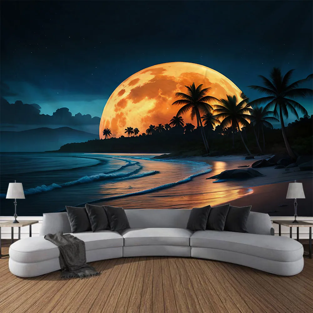 Starry Sky Coconut Tree Tapestry Wall Hanging Sofa Blanket Dreamy Sea Living Room Bedroom Decoration Background Poster