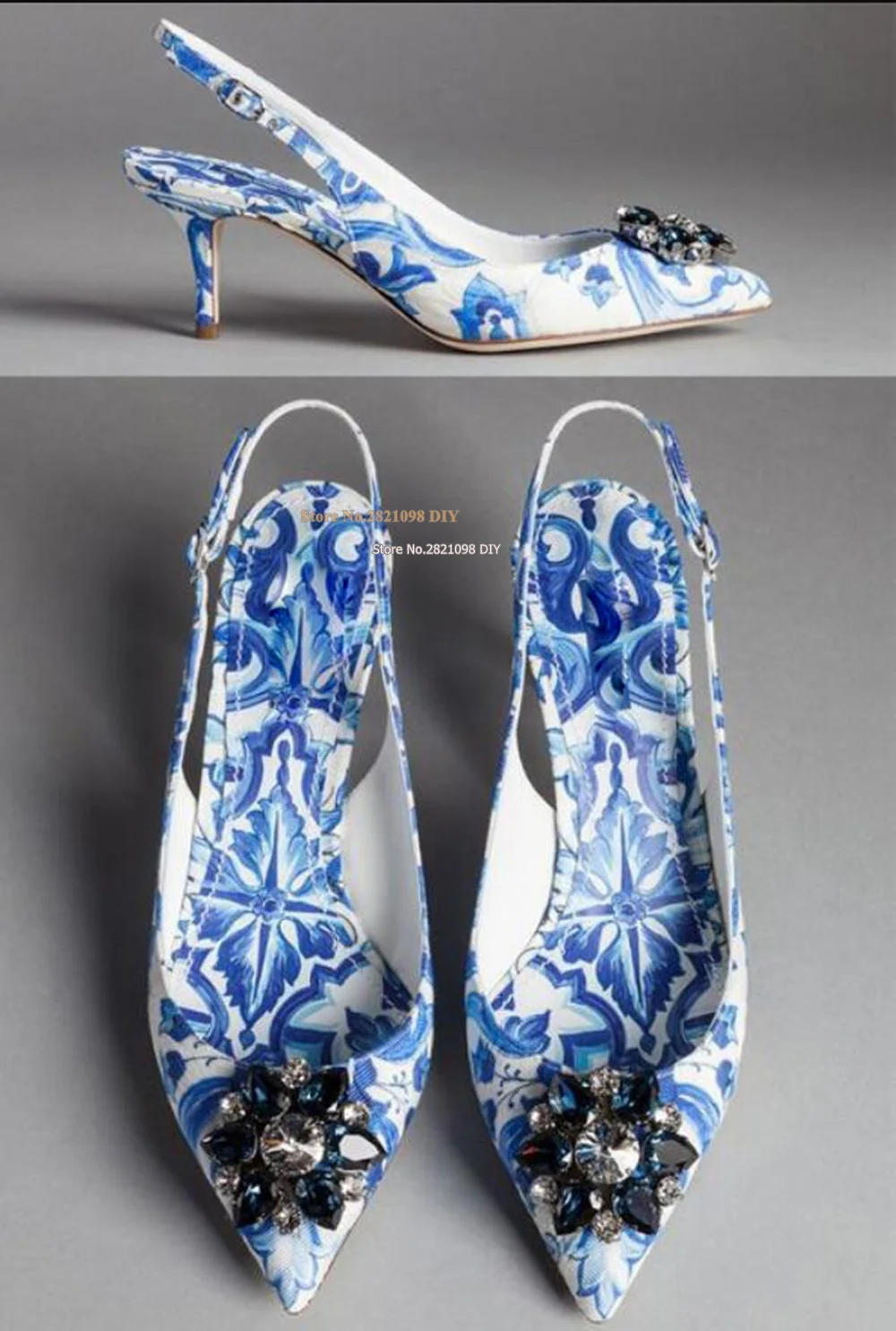 Stiletto Heels Blue Majolica Print Slingback Court Pumps Leather Women Pointed Toe Jewelry Bridal Wedding Shoes High Heels