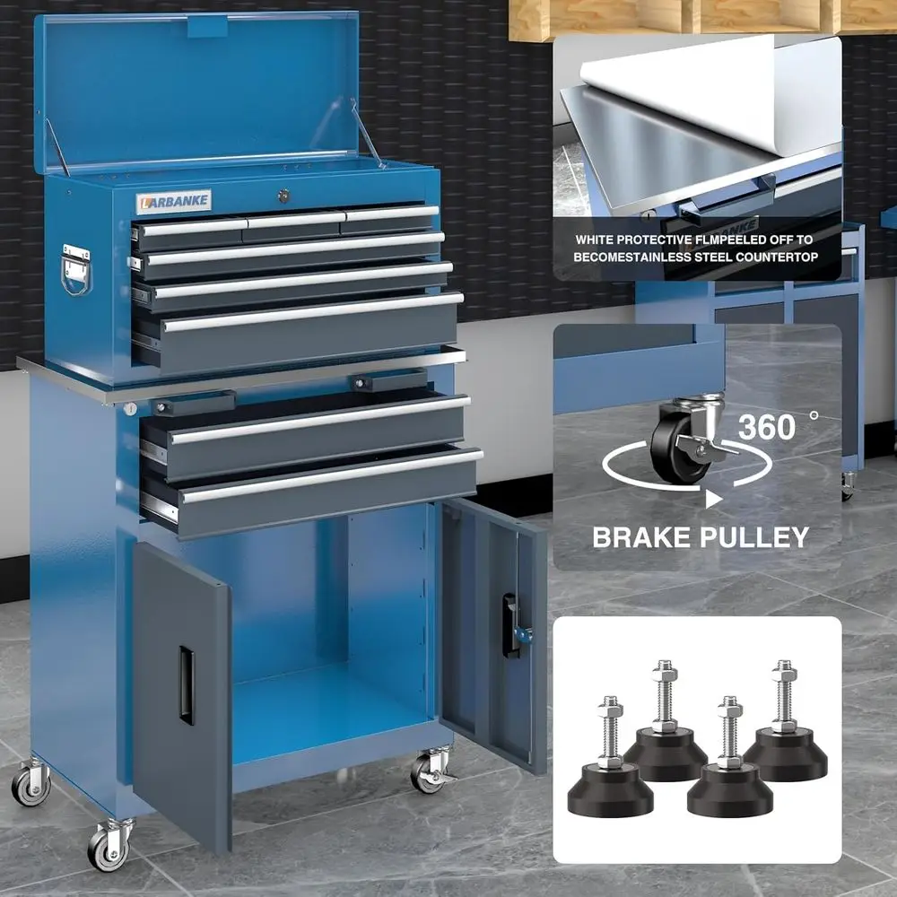 7-Drawer Metal Tool Chest with Stainless Steel Top, 8-Drawer Box, Locking System, Swivel Wheels, and Boot Pad