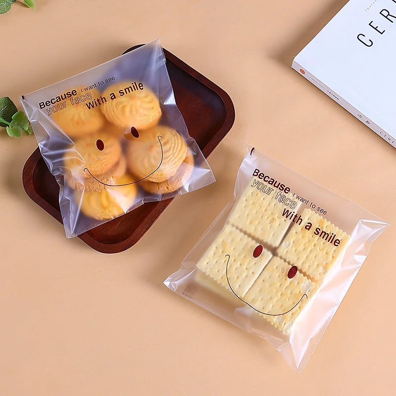 14X14CM Cute Smiley Food Biscuit Cake Dim Sum Bag Self-adhesive Candy Toast Sealing Baking Bag Frosted Food Packaging Bags