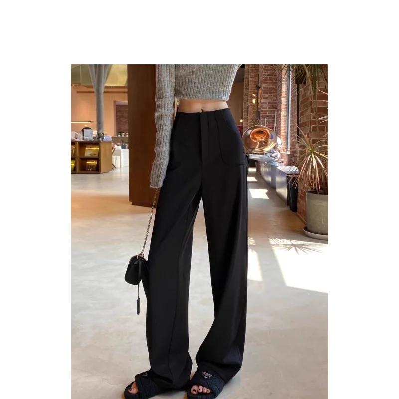 Celana Setelan Abu-abu Wanita Pinggang Tinggi Musim Semi Musim Panas Baru Kasual Kaki Lebar Terkulai Kerja Lurus Malas