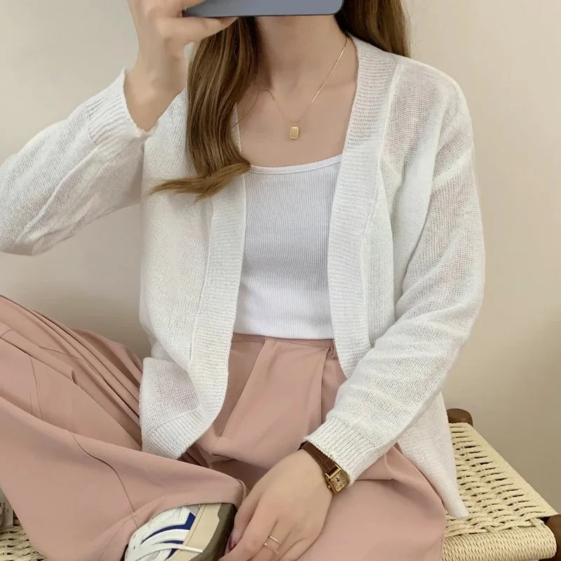 

2025 Korean Style Women Long Sleeve Elegant Cardigan Sweater Autumn Solid Color Knitted Top Casual Knitwear