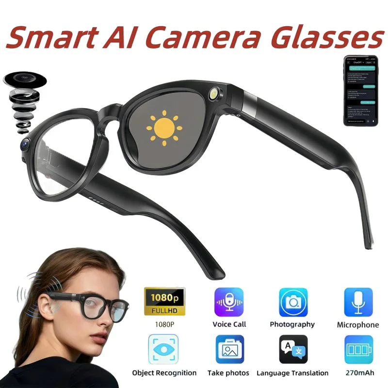 

Новые умные очки с разрешением 1080P HD AI, запись видео, AI, распознавание фотографий, отвес, перевод, водонепроницаемые Bluetooth-очки 2025
