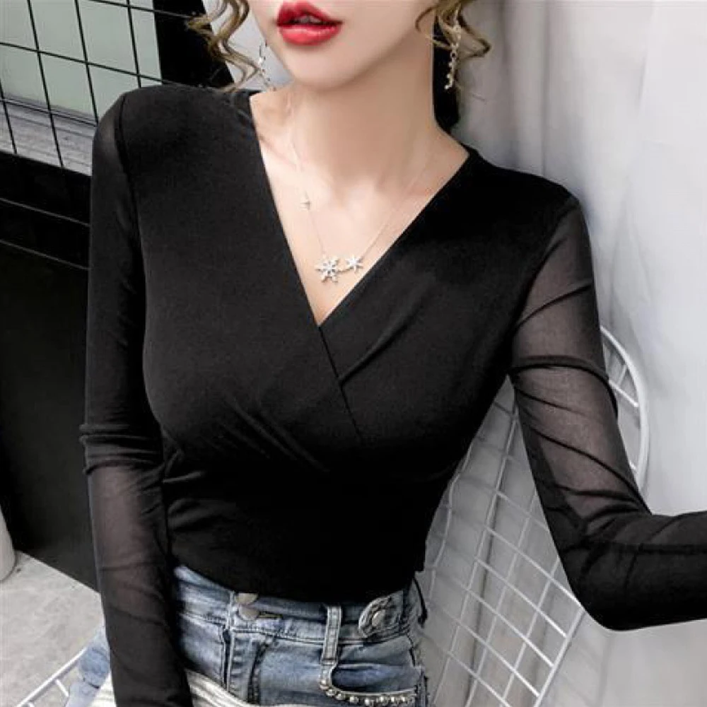 New Fashion Slim Stretch V Neck Tops Women Sexy Elastic Tees S-4XL Basic Long Sleeve T-shirt Ladies Red Purple Black White Shirt