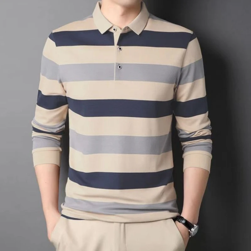 

Мужская поло-рубашка с длинным рукавом в полоску, деловой повседневный стиль, с отложным воротником, модный свободный топ для офиса и на каждый день, весна-осень