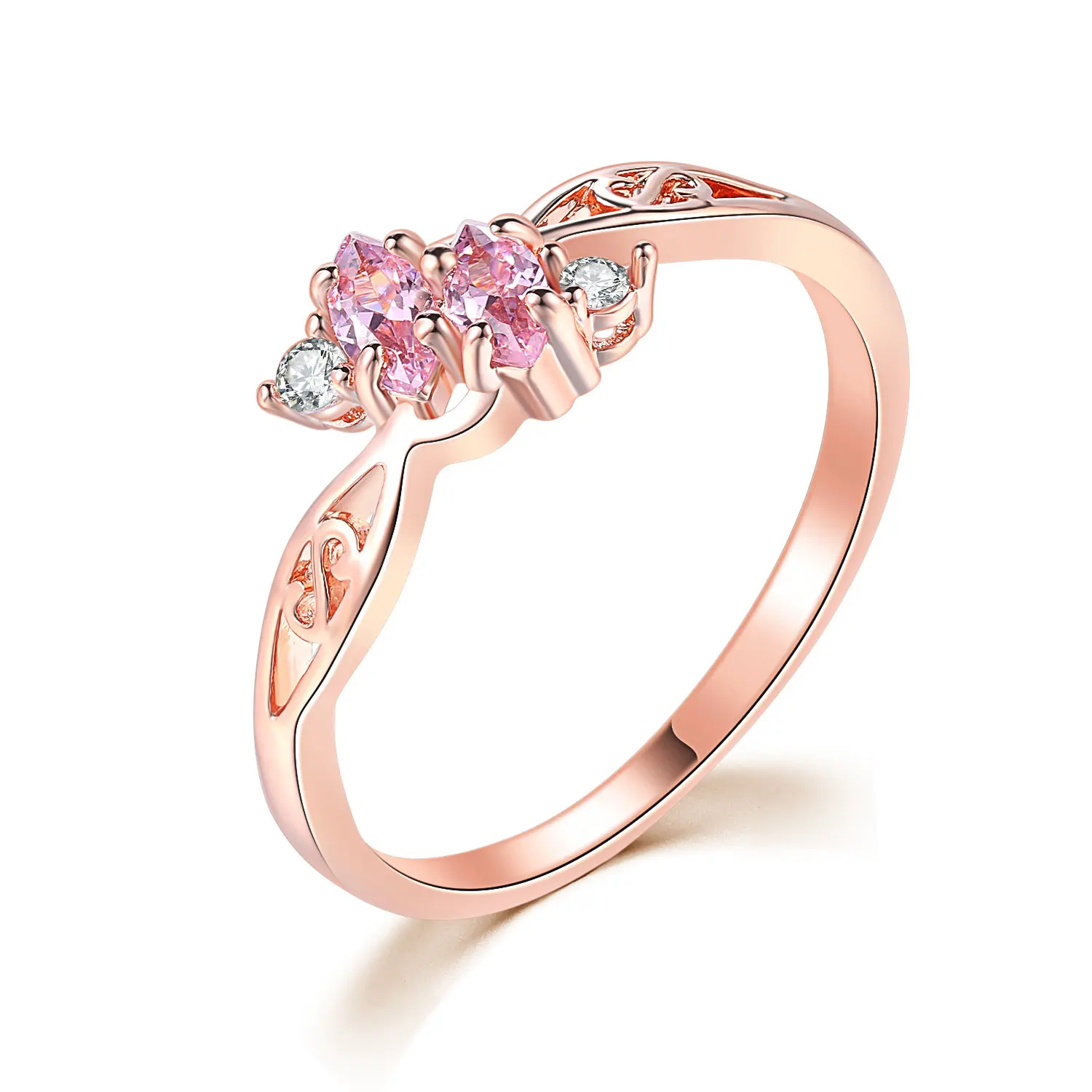 Delicate Pink Crystal Dainty Rings for Women Hollow Out Rose Gold Color CZ Princess Promise Dating Ring Fashion Jewelry R671