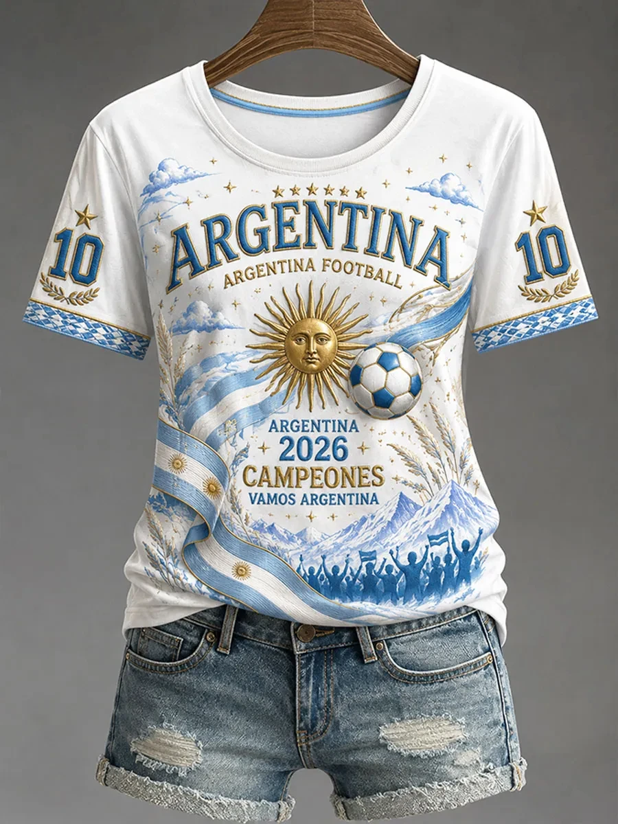 Women's Gift For Argentina Football Fans Print Casual O-Neck Tee Football Cultural T-Shirt