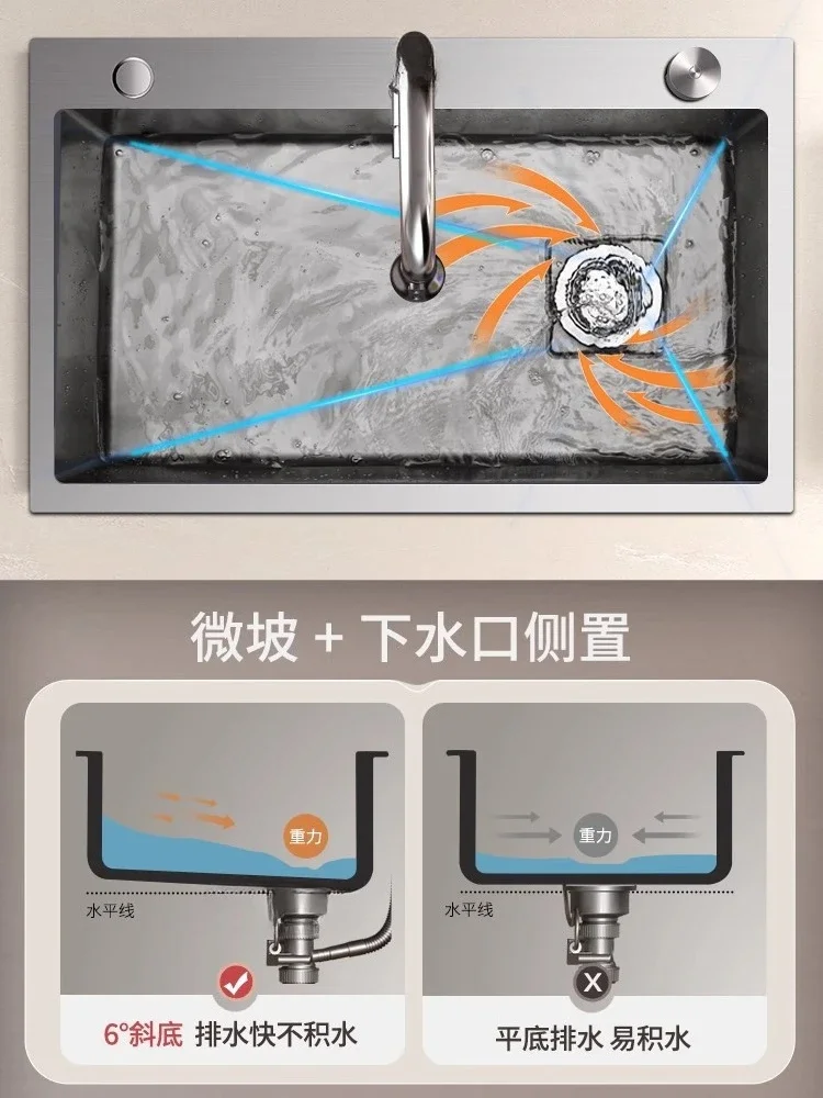 Cozinha, pia, pia única grande, aço inoxidável, feita à mão, bacia vegetal, espessada