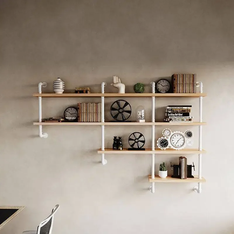 Wrought iron new industrial style bar bookcase ornament rack integrated custom water pipe solid wood wall shelf