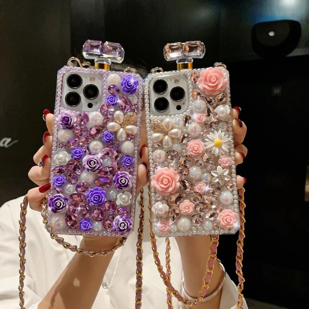 Crossbody Perfume Bottle Shape Phone Case, Pearl Flowers Cover, Bling, Chic, Bling, Fit for iPhone16 15, 14 Pro Max, 13, 12, 11