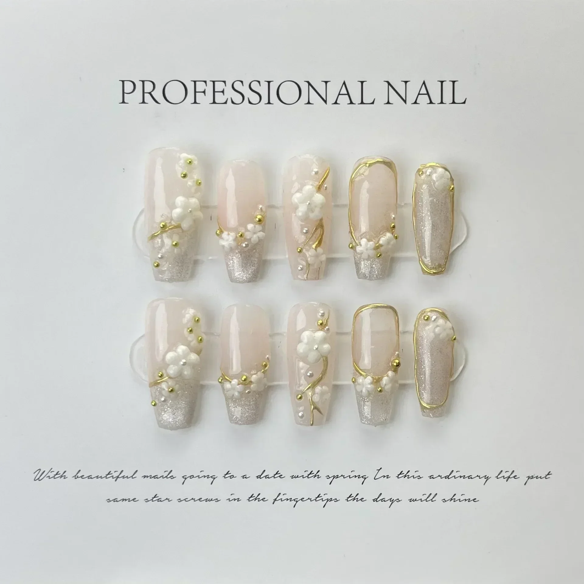 10Pcs Tulips Handmade False Press On Nails French with Rhinestones Full Cover Ballerina Fake Nails Wearable Decoration Nail Tips