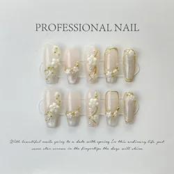 10Pcs Tulips Handmade False Press On Nails French with Rhinestones Full Cover Ballerina Fake Nails Wearable Decoration Nail Tips