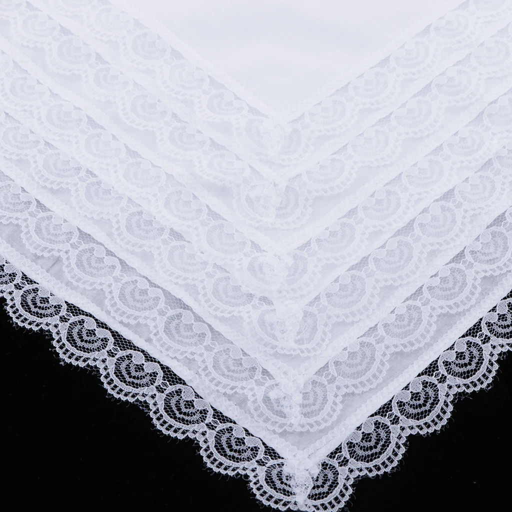 5pcs Lady Cotton Handkerchiefs Lace Trim White Hanky Kerchief Square