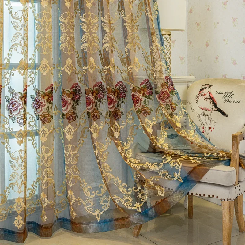 

Retro European Peony American Embroidery Window Screen Curtains for Living Dining Room Bedroom Gauze Curtain Customization