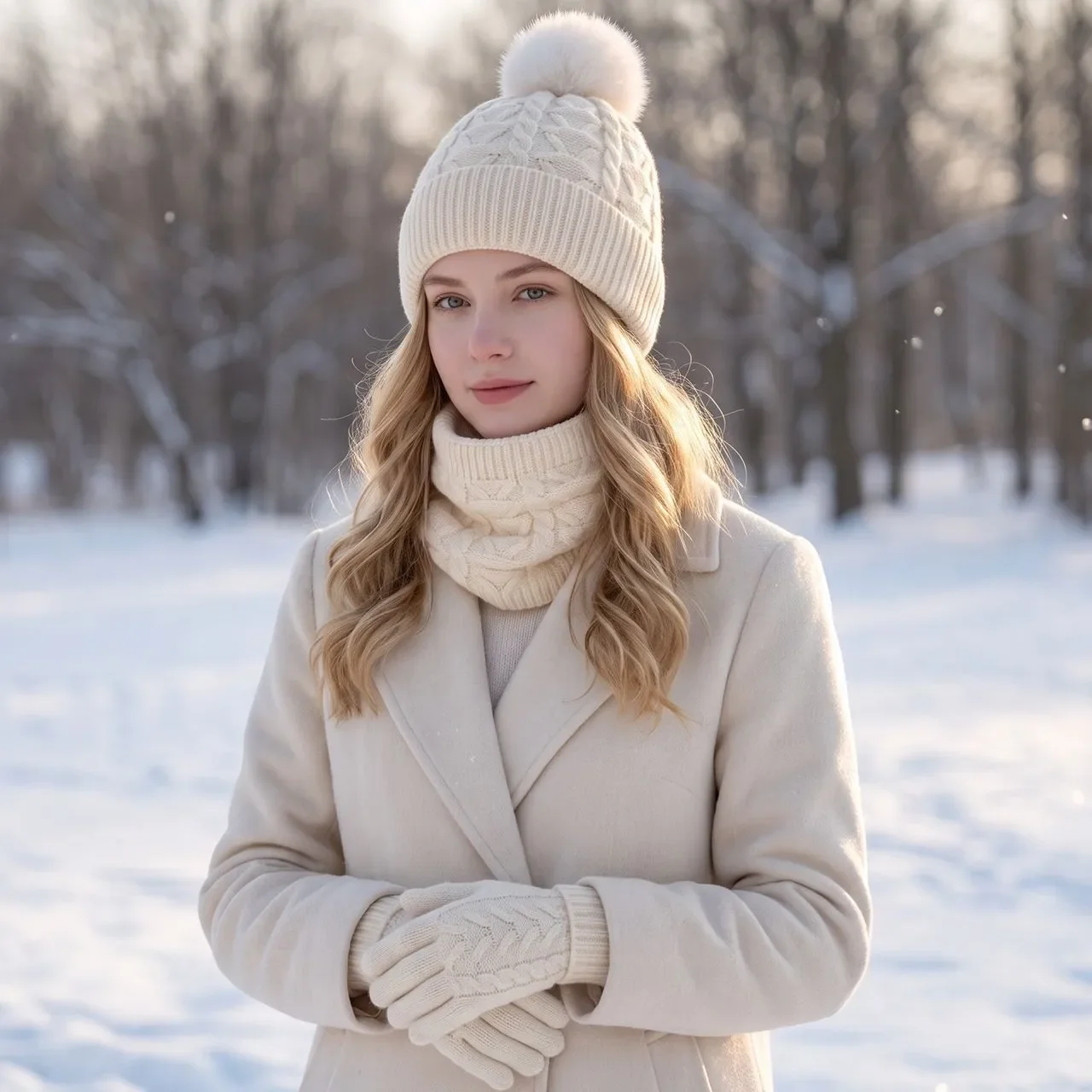 Women Solid Color Knit Hat Scarf Gloves 3Pcs Set, Autumn Winter Thick Warm Cold-proof Outdoor Wear