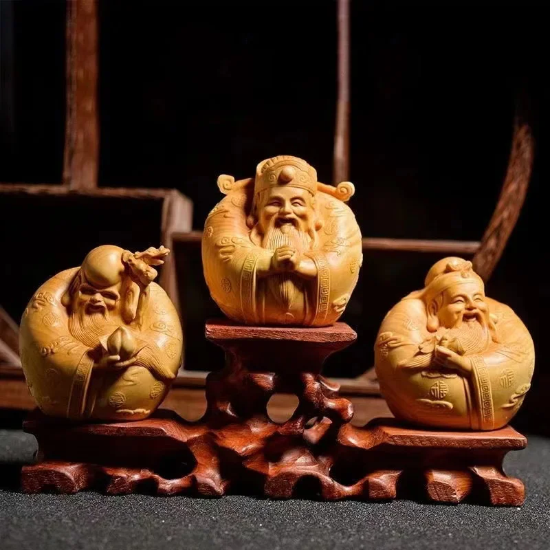 3 pcs Wooden Fu Lu Shou Statue, Hand Carved  Wealth God Figurine for Home Office Car Feng Shui Decor, Lucky Prosperity Ornament view 3