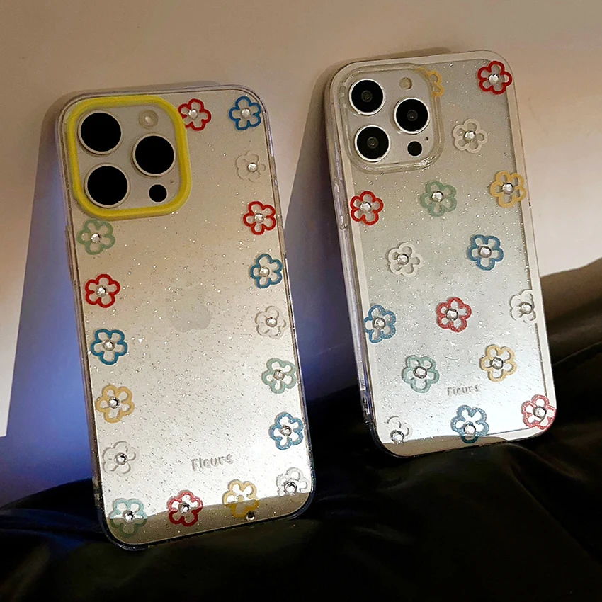컬러풀 플라워 폰 케이스 아이폰 16 15 14 13 프로 12 11 맥스 플러스 16프로 글리터 장식 폰 케이스 글리터 15프로맥스 커버