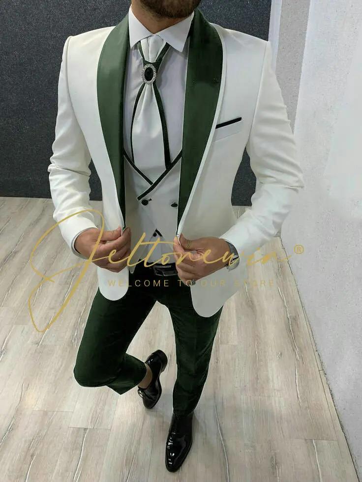 Fashion 3 Piece Men Suits for Wedding Party Business Formal Groom Tuxedos Shawl Lapel (Blazer+Vest+Pants) Slim Fit Costume Homme