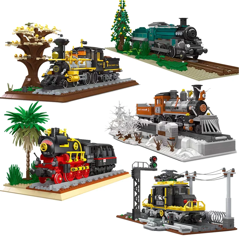 

2022 new products retro steam train stitching building blocks toys western tropical crocodile train model DIY particle series ho
