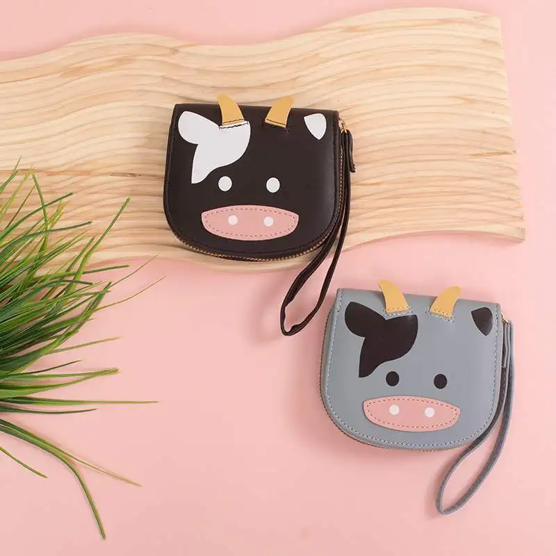 

Korean Sle Cartoon Cute Cow ort Wallet for Girls Student Zipper Coin Purse Small Card Holder Faionable Spring Bag