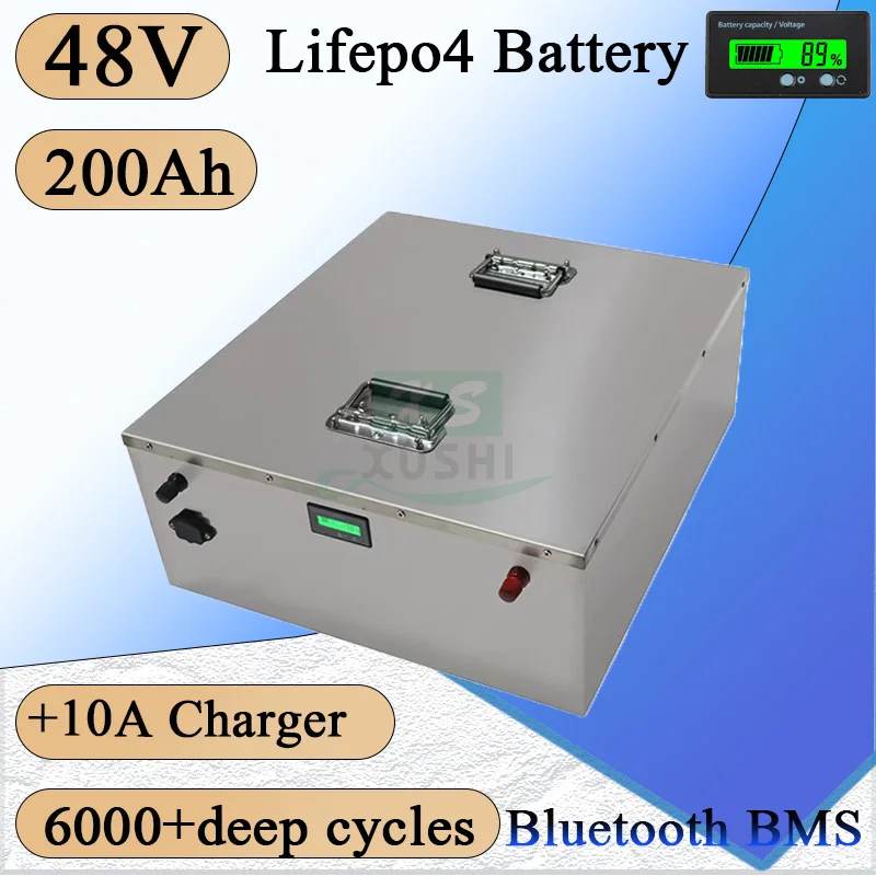 

xs steel case 48V 200Ah 180Ah 160Ah 150Ah 130Ah 120Ah 100Ah Lifepo4 battery for 5000w motorhome solar system boat RV+10A Charger