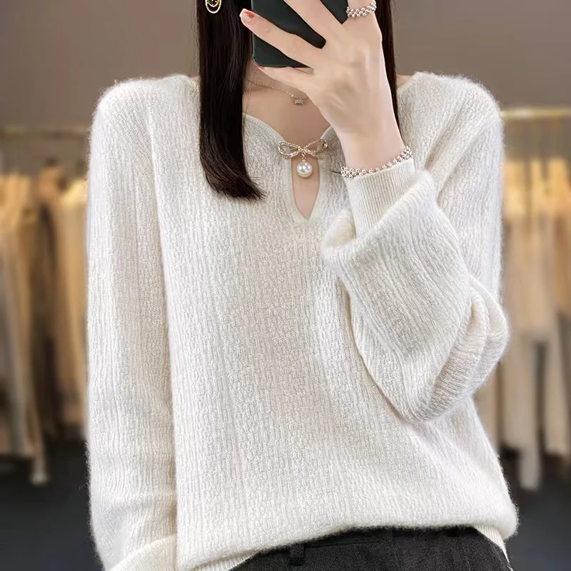 100% Wool Woman\'s Sweater Autumn Winter Jumper Fashion V-Neck Female Pullover Long Sleeve Blouse Loose Large Size Tops Knitted