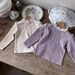 2024 Spring New Baby Girl Long Sleeve T Shirts Infant Versatile Casual Tops Cotton Toddler Girl Cute Lace Collar Bottoming Shirt