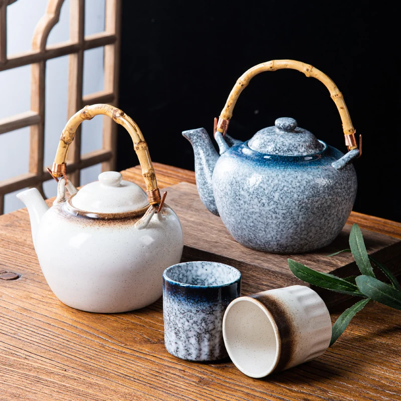 Japanese Ceramic Tea Set Retro Bamboo Handle Teapot with Cups Heat-Resistant Water Pot for Home & Restaurant Durable Tea Ware