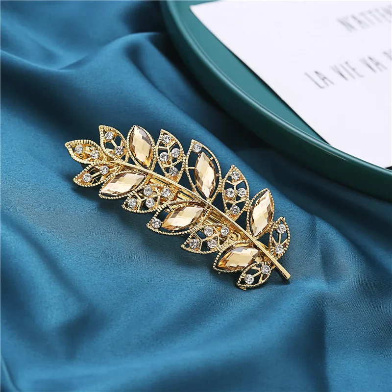 Fashion Imitation Crystal Rhinestone Hair Clip Multicolor Leaf Shape Spring Hairpin for Women Girls Ponytail Jewelry Accessories