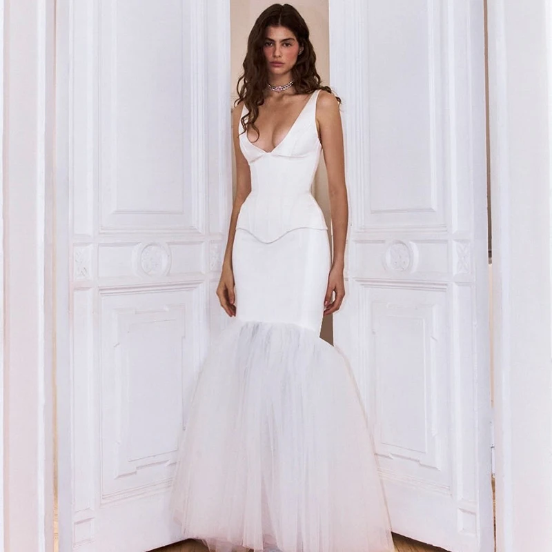Eightree Sexy Mermaid Wedding Dresses Deep-Vneck Satin Tulle Long Bridal Dress Women White Wedding Ball Prom Gowns Customized