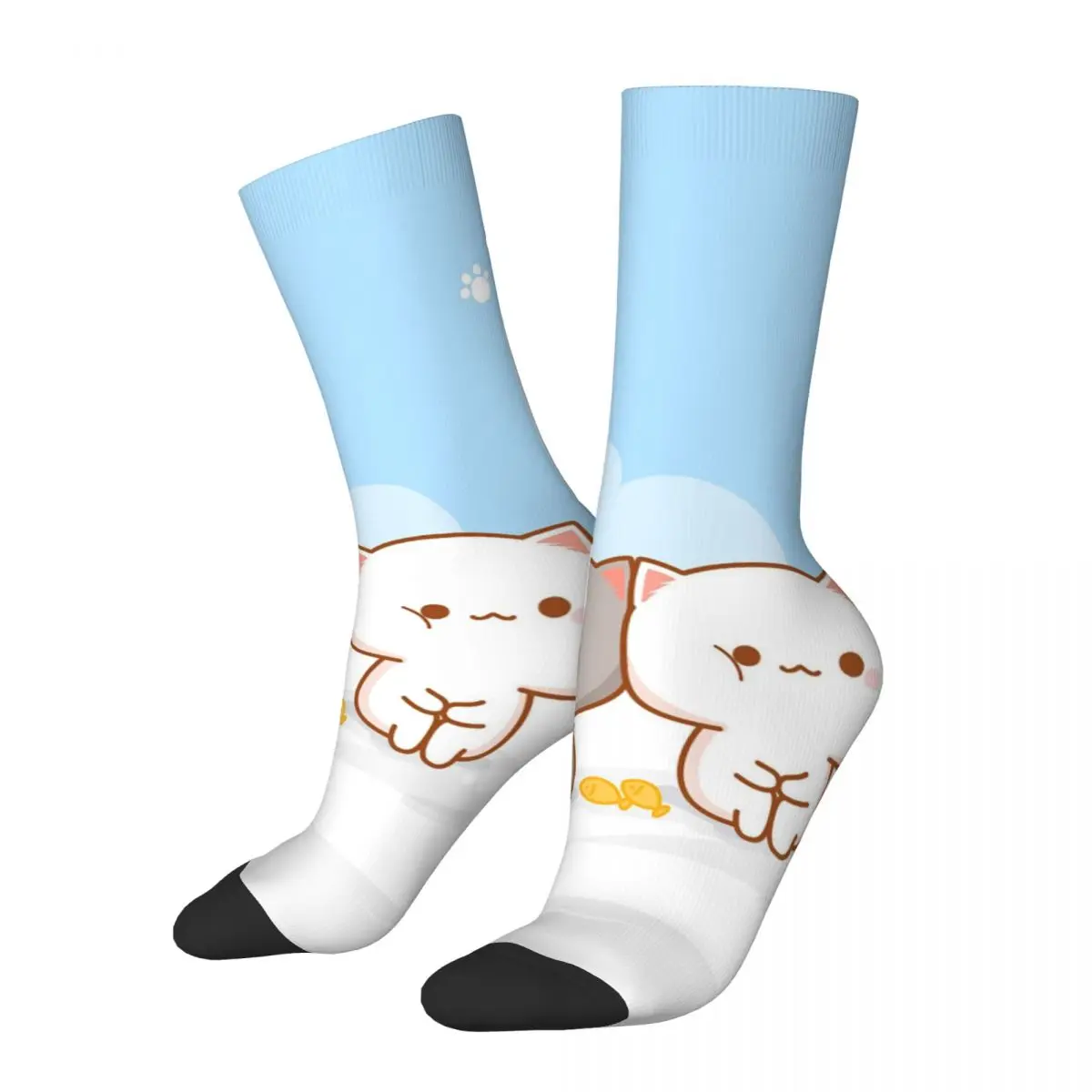 

Colorful Cute Cartoon Cat Sports Socks Peach and Goma Mochi Polyester Crew Socks for Women Men Non-slip