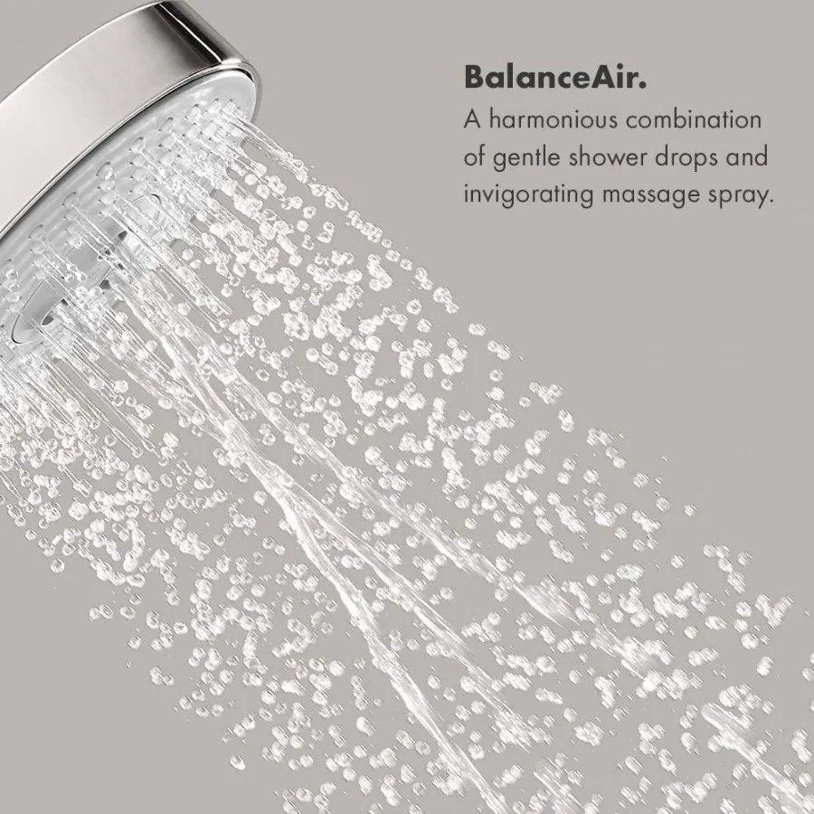 Nowoczesna głowica prysznicowa z technologią 3Spray BalanceAir do łazienek domowych, strumień RainAir z funkcją Airpower Boost i dyszą QuickClean.