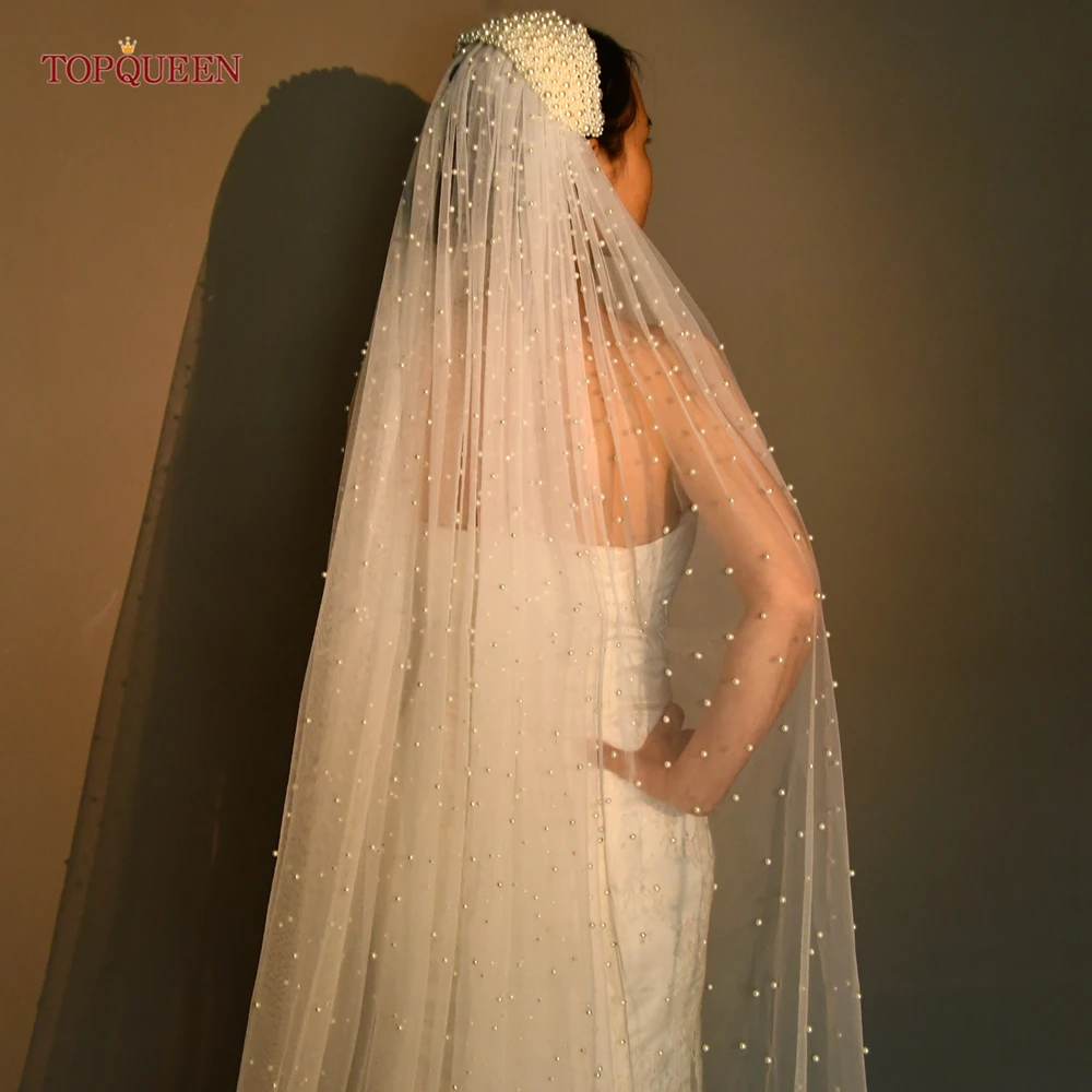 TOPQUEEN Bridal Lace Veil White Luxurious Full Peals Veil With Peals Headbands 2.5m Long For Girlfriend Wedding Accessories V211