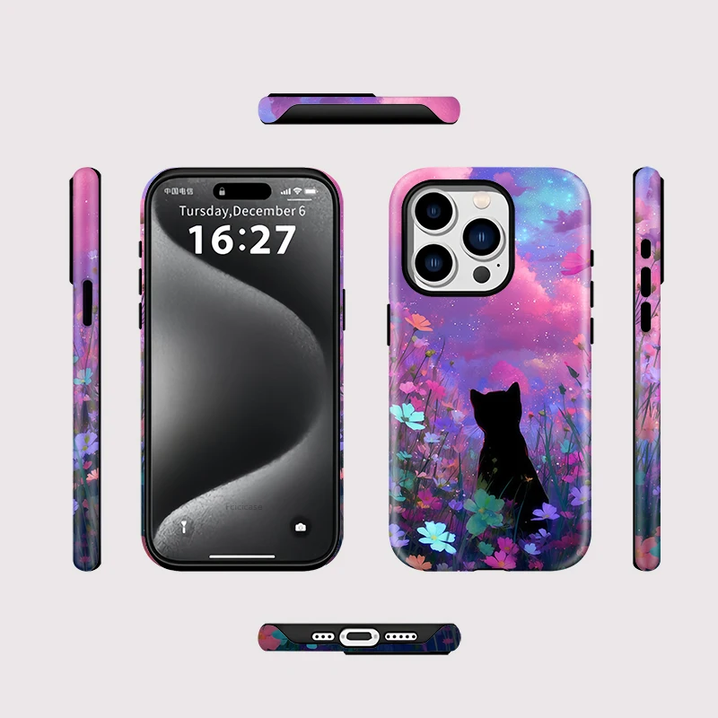 Fcicicase Shockproof Magnetic Case For iPhone 12 Pro 13 14 Plus 11 15 16 Pro Max Flower Cute Cat Silicone For Magsafe Cover