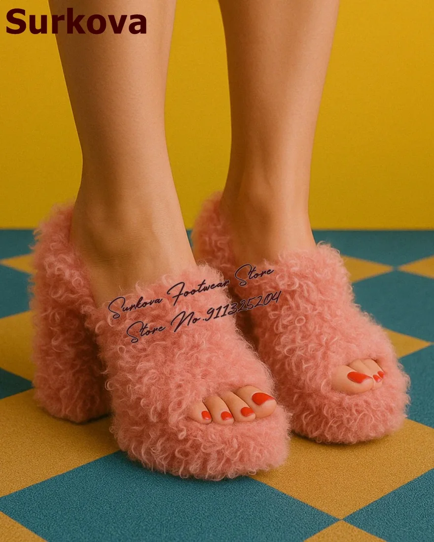 

Surkova Pink Yellow Teddy Fur Modern Slippers Chunky Heel Fluffy Plush Mules Platform Open Toe Slip-On Sandals Sweet Dress Shoes