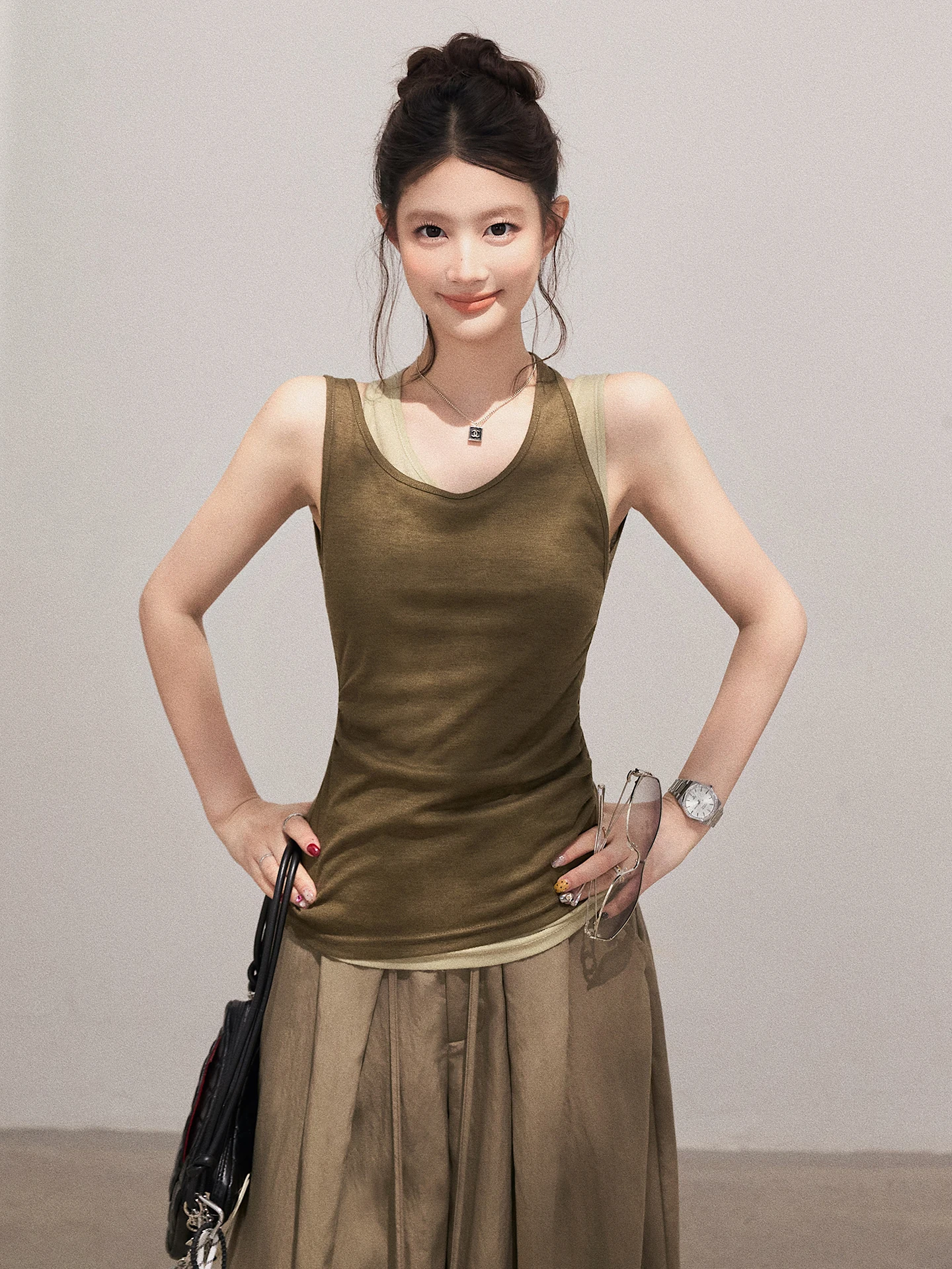 Color Block Collarless Tank Top Women's Casual Slim Fit Summer Top Exquisite Waist-Cinching Fake Two-Piece Strap Design