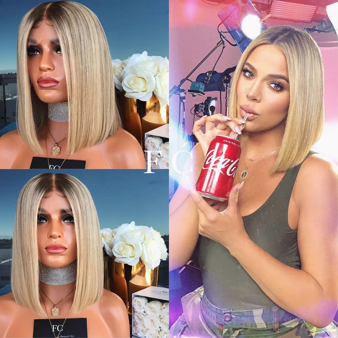 

12 Inch Short Ombre Blonde Lace Front Wig Straight Synthetic Hair Highlights Wig Ombre Blonde Glueless Preplucked for Daily Wear