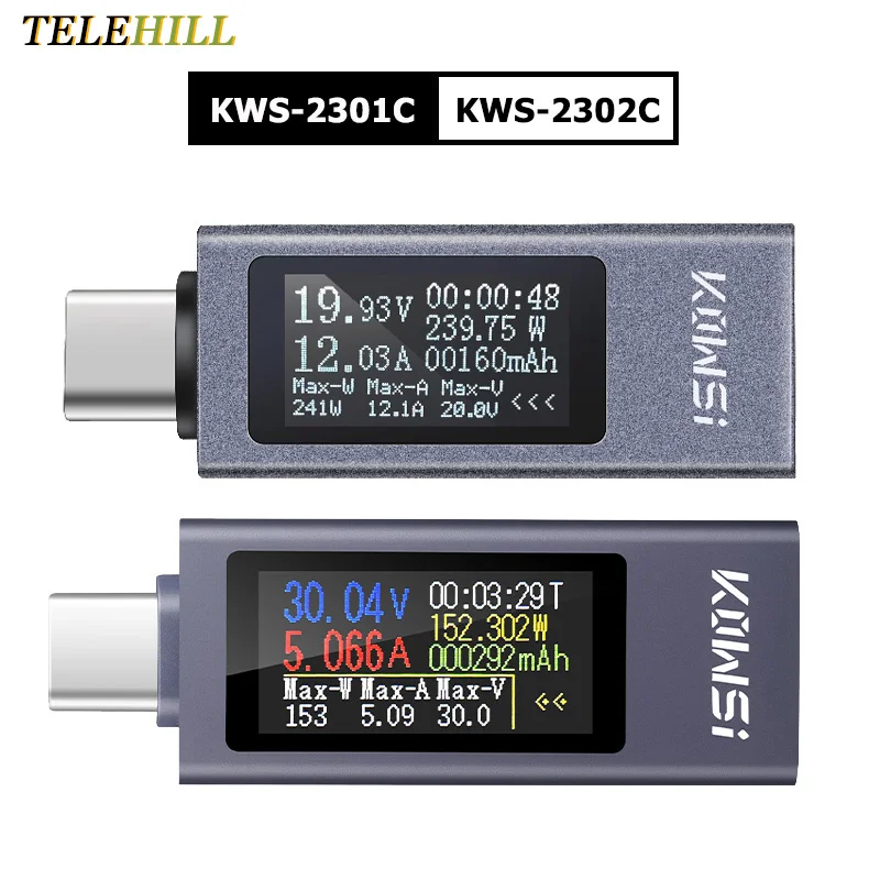 KWS-2301C KWS-2302C Type-C Multi-function Digital DC Voltage Ammeter Power Meter Cell Phone Charging Tester DC 4-30V 0-12A