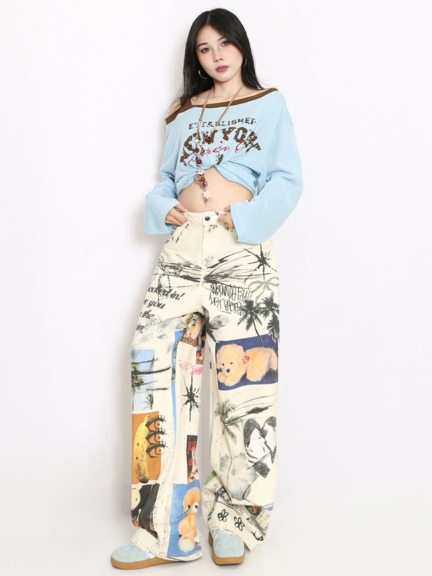 

Повседневные широкие джинсы с высокой талией и рисунком собаки, новинка лета, уличная одежда с принтом Sle, свободные женские джинсовые брюки