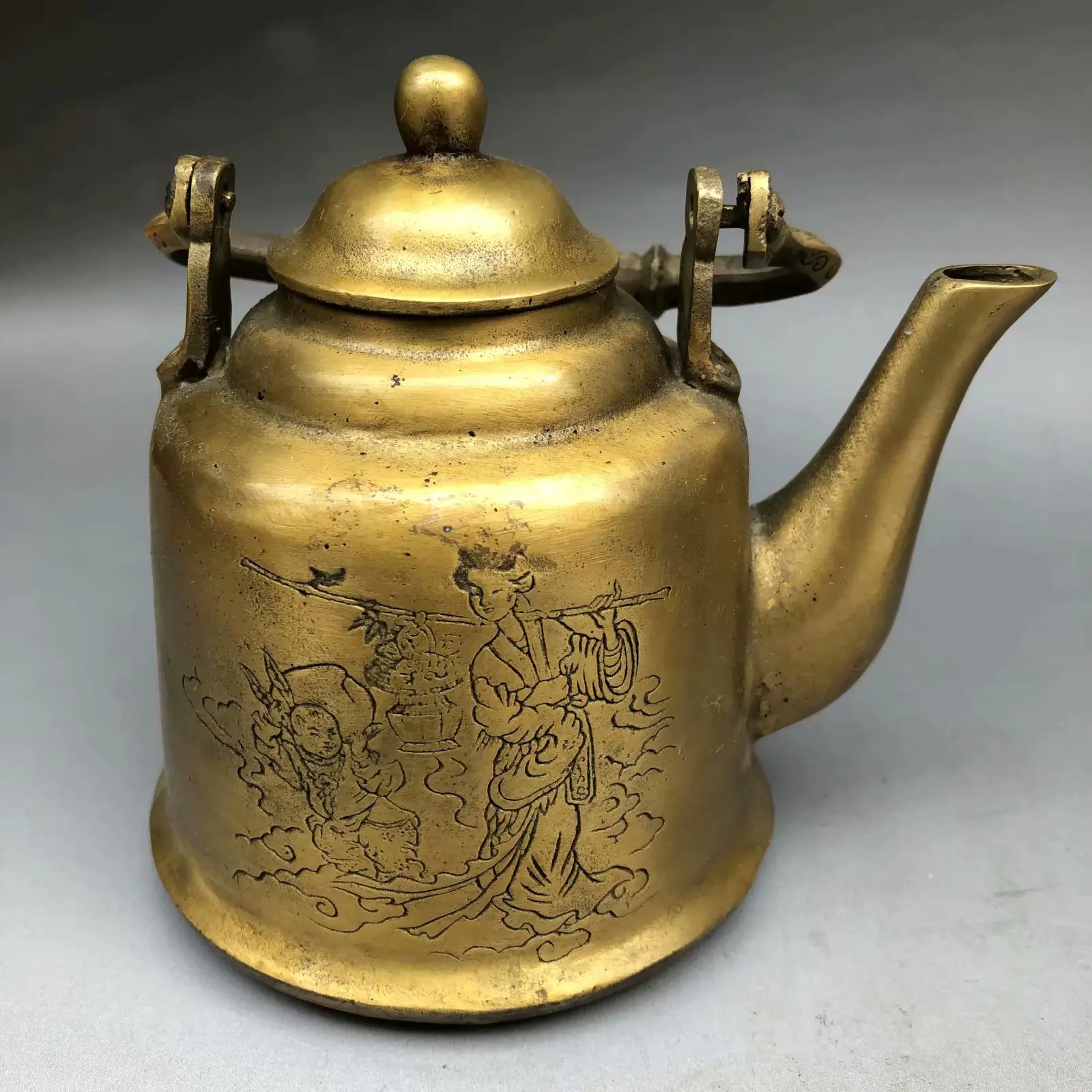 Antique All Copper Tea Pot Ladies Picture of Children, Peach Blossoms Old Style Palace Yan Pure Copper Lifting Liang