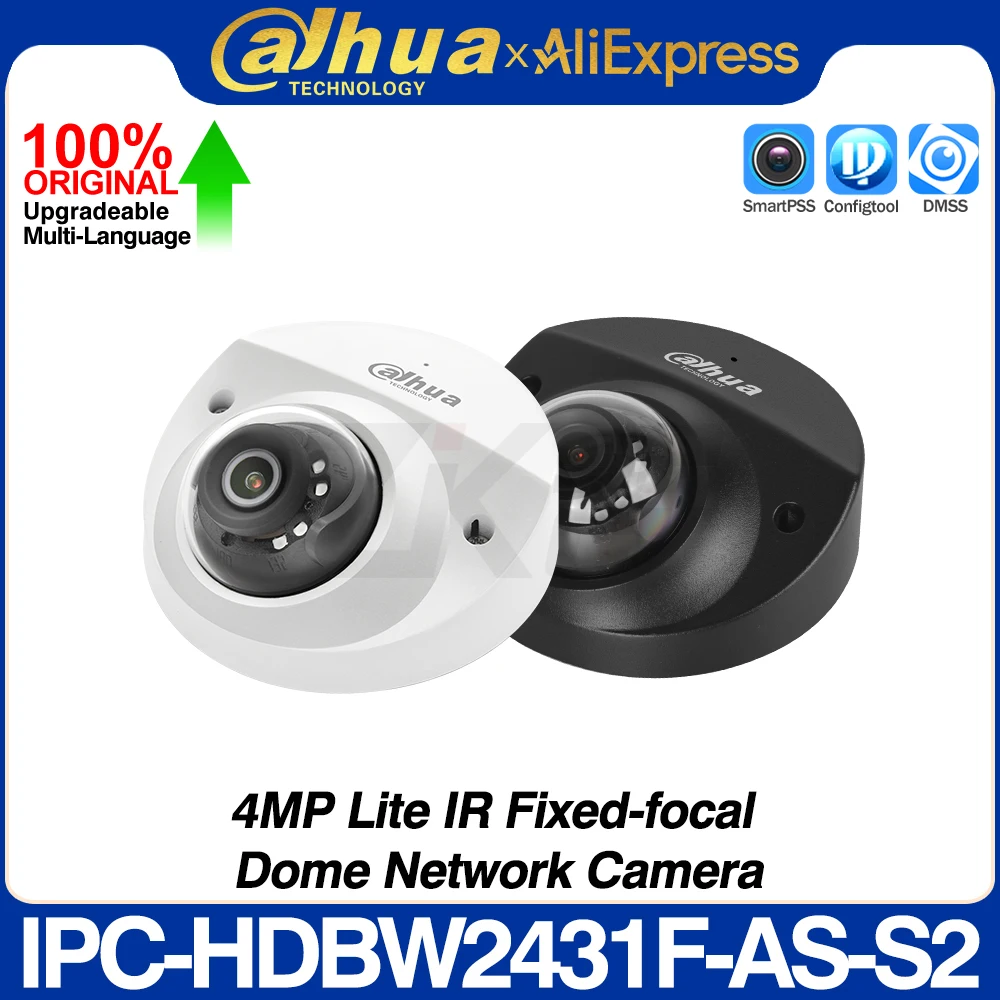 

Dahua Original IPC-HDBW2431F-AS-S2 4MP Lite Dome Network Camera Intrusion Tripwire IR 30M H.265 Alarm Audio I/O POE IP67 IK10