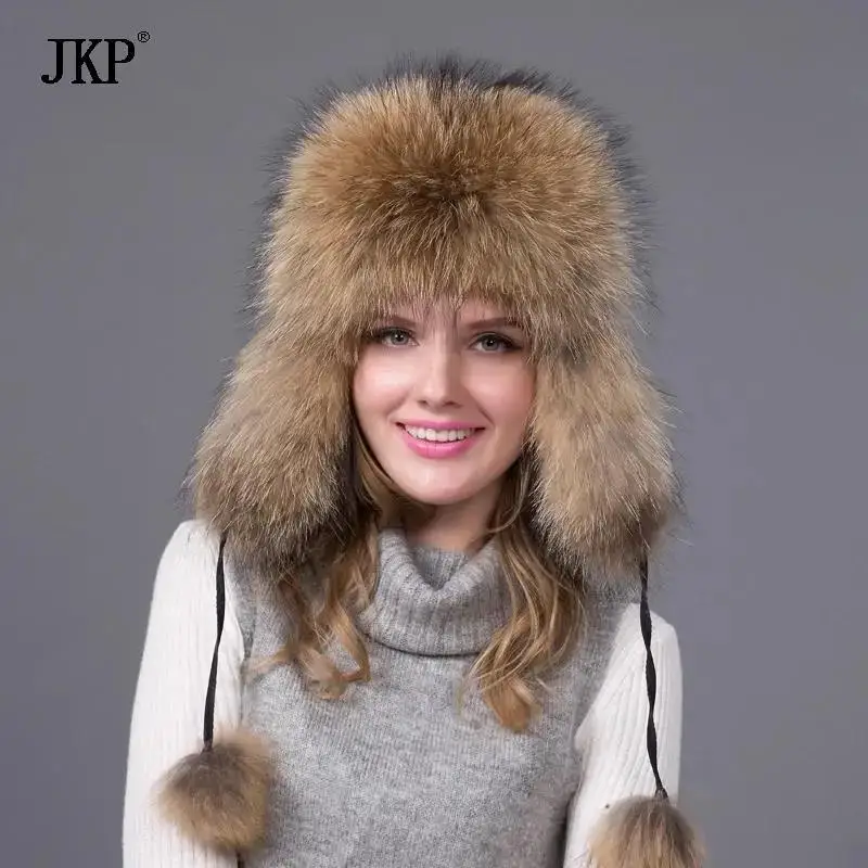 

Lady Real Russia Hot Winter Fashion Item Natural Raccoon Fox Fur Leather Hat With Winter ears Women's Thick And Warm Winter Hat
