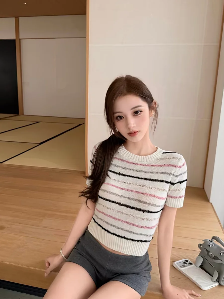 Korean Style Women's Knitted Short Sleeve T-Shirt round Neck Breathable Light Weight Summer Top  Stripes Soft Fabric